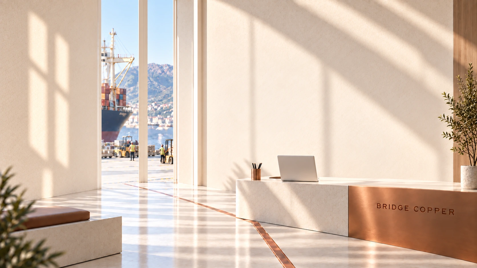Illustration of Bridge Copper's trade desk beside a cargo port